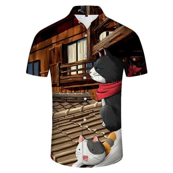 
Cartoon anime cat men's casual loose tropical Hawaiian button-down short sleeve c fun cat pattern
                