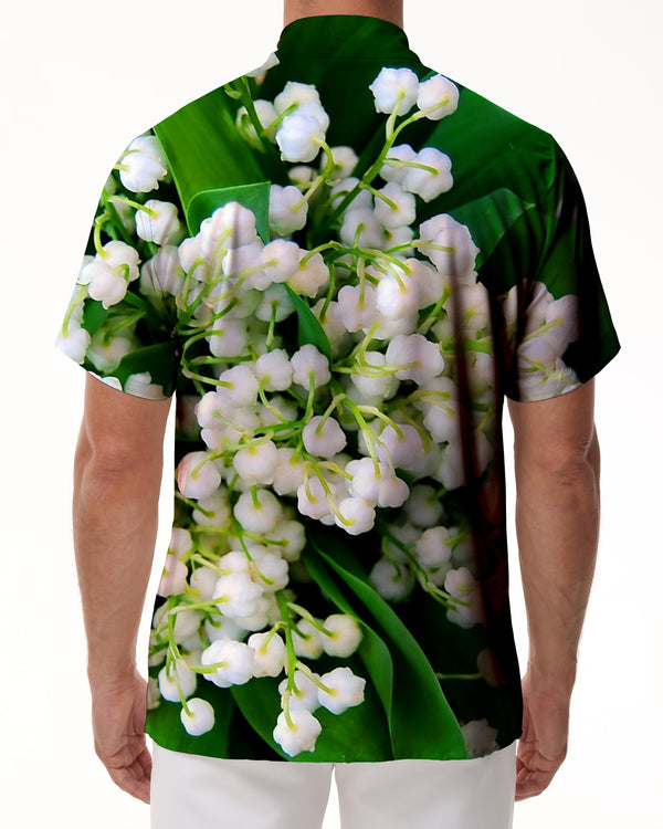 
Lily of the valley green leaves men's casual loose shirt summer short sleeve Hawaii four seasons tropical button lapel pocket beach clothes
                