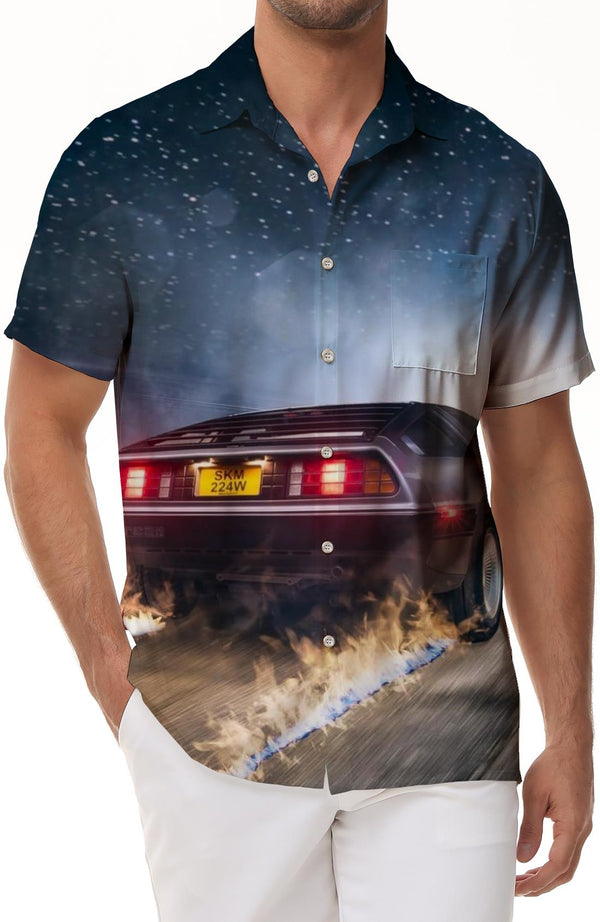 Galaxy cool car drift men's daily travel vacation seaside short-sleeved shirt Hawaiian tropical button lapel Haikou shirt short sleeves