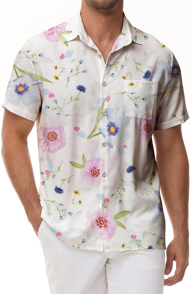 Romantic Floral Men's Printed Short Sleeve Shirt Casual Button-Down Shirt with Pockets Hawaiian Button Lapel Short Sleeve