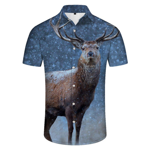
Deer in the snowy forest Men's Hawaiian shirt for a beach evening on vacation Short sleeves Casual button down
                