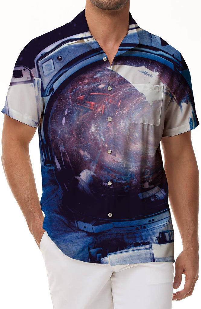 Short Sleeve Men's Casual Loose Shirt Astronaut Hawaiian Button Lapel Tie Pocket Spaceman Fashion Top Style Stylish