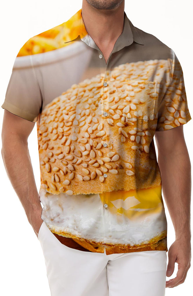 Breakfast version of egg burger Hawaiian tropical beach shirt seaside short-sleeved summer men's fashion short-sleeved shirt 3d digital printing pattern