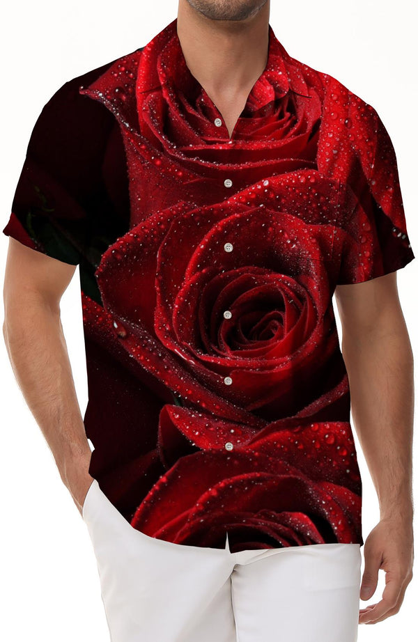 Red rose pattern fashion men's romantic loose short sleeve shirt suitable for wedding party dance performance beach party