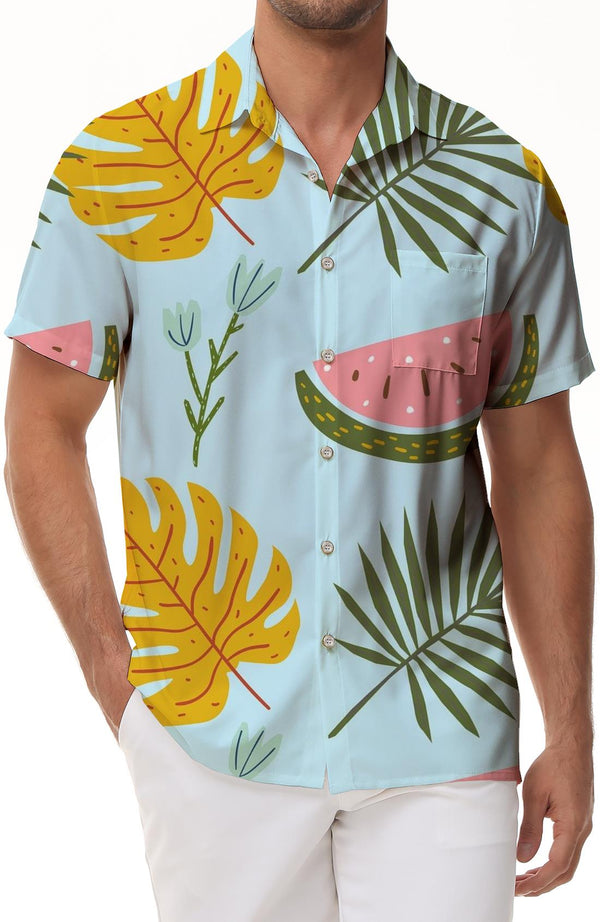 Men's Hawaiian Casual Loose Button Short Sleeve Button Lapel Tropical Coconut Tree Watermelon Beach Shirt Top