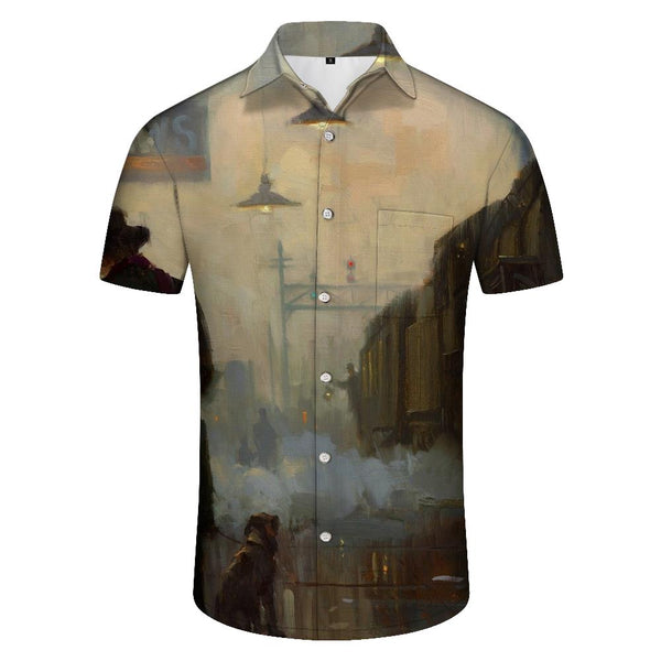 
Retro men's oil painting atmosphere street casual Hawaiian tropical rainforest four seasons button lapel pocket top
                