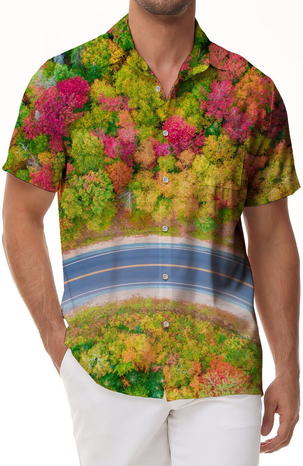 High Speed Autumn Landscape Multicolor Trees Print Men's Casual Button Shirt Short Sleeve Summer Seaside Beach Top