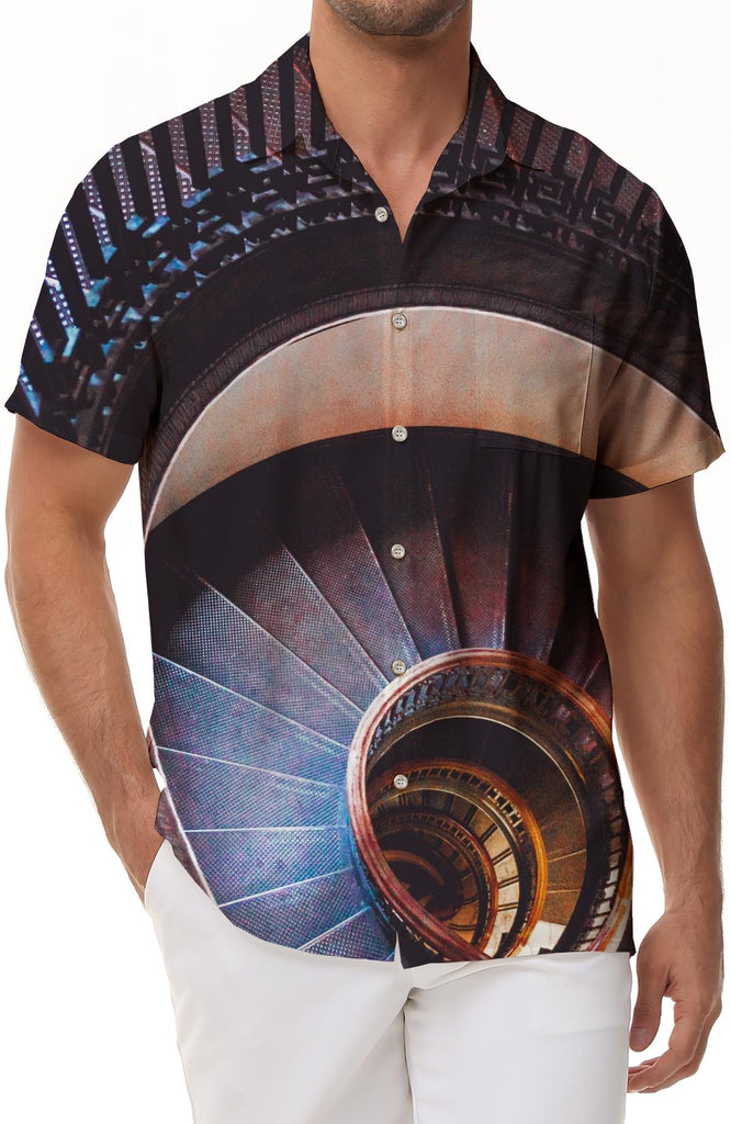 3d digital printing gorgeous retro style spiral staircase loose men's casual button-down shirt short sleeve summer tops shirt short sleeve