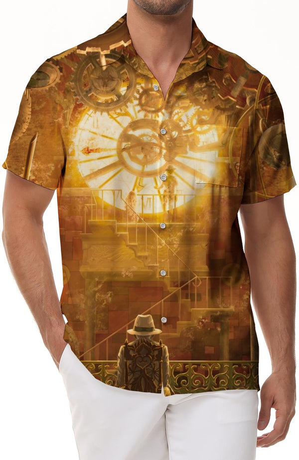Gears Clock Gold Century Men's Everyday Button-Down Short Sleeve Summer Hawaiian Beach Shirt 3D Digital Print Pattern