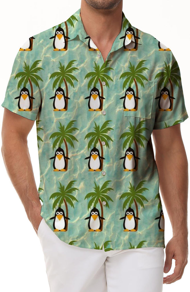 Fun Summer Beach Penguin Pattern Blue Men's Casual Print Short Sleeve Button Coconut Tree Shirt Short Sleeve