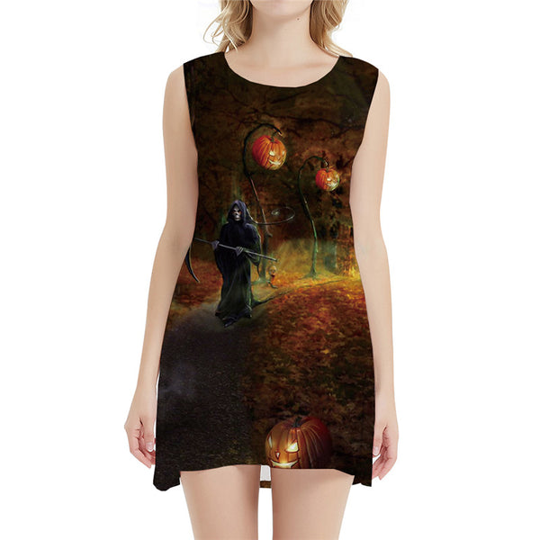 Halloween Pumpkin Dress Women Skull Korean Style Grim Reaper Short Cosplay Sexy Forest Sundress Womens Clothing Vintage