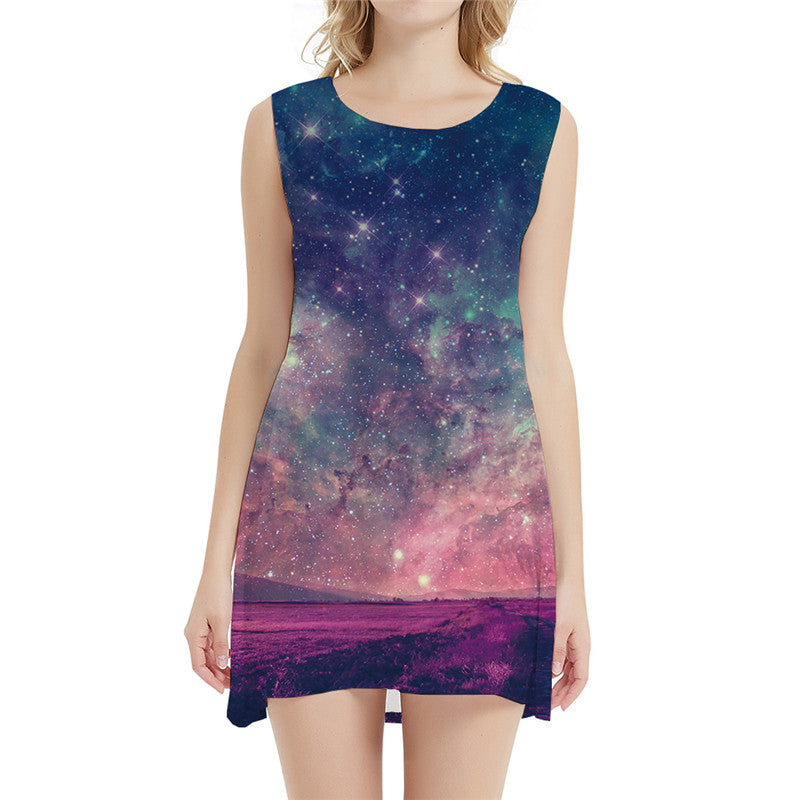 Galaxy Dress Women Graffiti Short Colorful 3d Print Harajuku Korean Style Mountain Beach Womens Clothing Casual