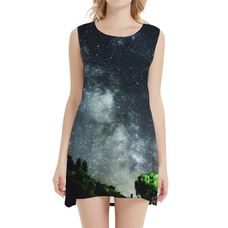 KYKU Galaxy Dress Women Gray Boho Forest Sundress Tree Korean Style Nebula Office Womens Clothing Tassel New Cool High Quality