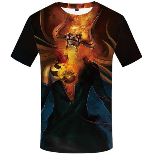 Skull T-shirt Men Flame Shirt Print War Tshirts Casual Cosplay T shirts Funny Gothic Tshirts Cool Short Sleeve Fashion Mens Tops - KYKU