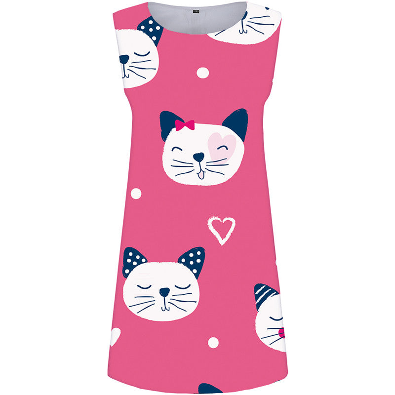 Cat Dress Women Cartoon 3d Print Pink Korean Style Animal Party Love Short Womens Clothing Casual