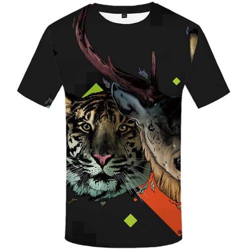 Deer T-shirt Men Tiger Tshirts Cool Animal T-shirts 3d Black Tshirt Anime Geometric T-shirts Graphic Short Sleeve Punk Rock - KYKU