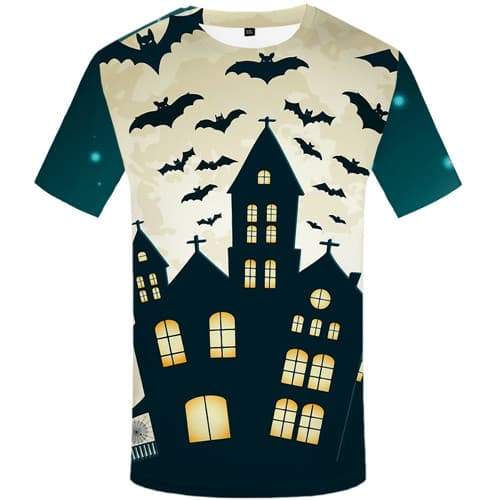 Halloween T shirts Men Castle Tshirts Casual Bat Tshirt Printed Animal T-shirts Graphic Party T shirts Funny Short Sleeve summer - KYKU