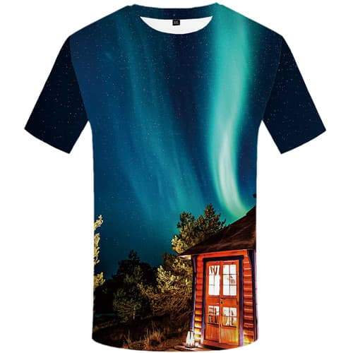 Aurora T-shirt Men Harajuku Shirt Print Forest Tshirts Novelty Russia T-shirts Graphic Northern Lights Tshirt Printed - KYKU