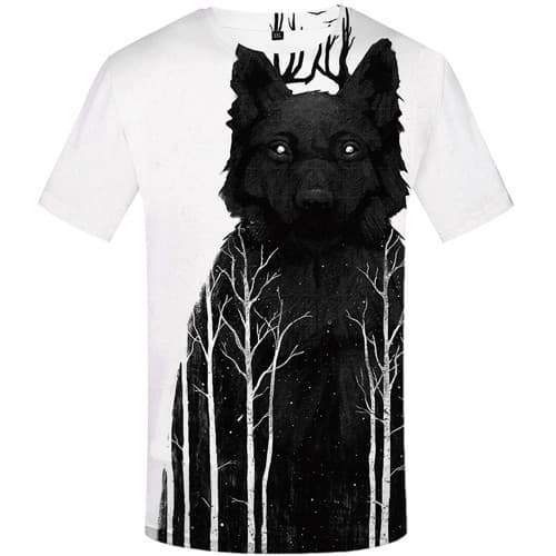 Wolf T-shirt Men Animal T shirts Funny Black And White Tshirts Novelty Forest Tshirts Cool Art Tshirts Casual Short Sleeve - KYKU