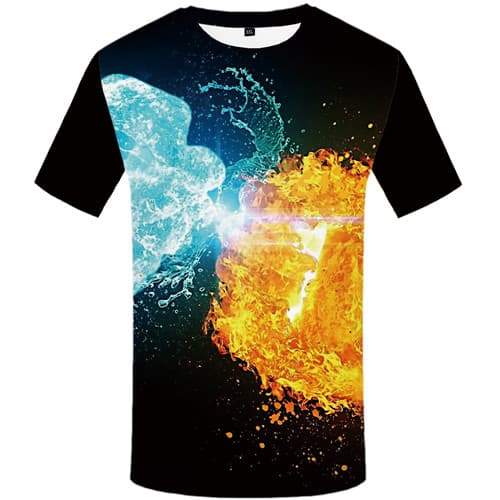 Yinyang T shirts Men Flame Tshirt Anime Aurora Tshirts Cool Water T shirts Funny Black Shirt Print Short Sleeve T shirts - KYKU