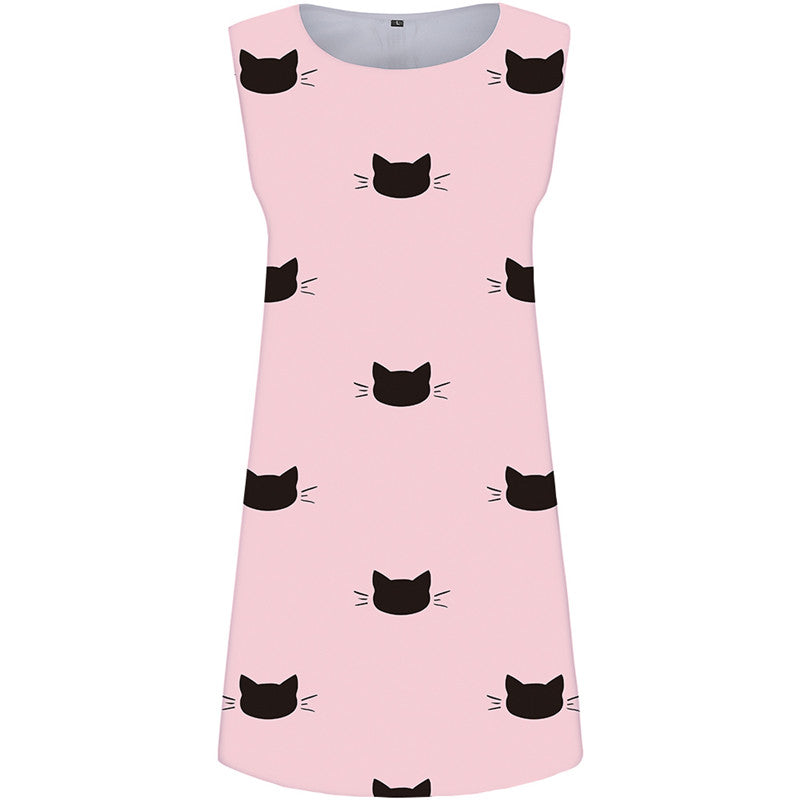 Cat Dress Women Pink Short Animal Korean Style Pattern Ladies Dresses Womens Clothing Elegant