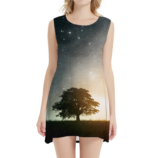 Galaxy Dress Women Tree Sundress Space Halter Sleeveless Harajuku 3d Print Weed Ladies Dresses Womens Clothing Mini Evening