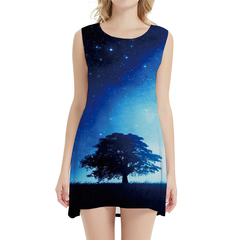 Galaxy Dress Women Tree Tank Blue Ladies Dresses Harajuku 3d Print Womens Clothing Vintage