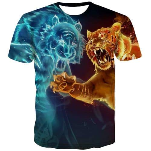 Tiger T shirts Men Flame Tshirts Cool Animal Shirt Print War Tshirts Casual Yin Yang Tshirt Printed Short Sleeve Fashion Men - KYKU