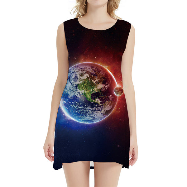 Galaxy Dress Women Earth Halter Sleeveless Yinyang 3d Print Space Ladies Dresses Flame Vestido Sexy Womens Clothing Party