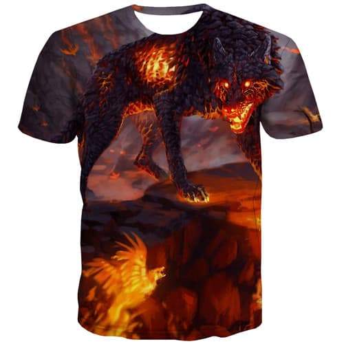 Wolf T-shirt Men Flame Shirt Print War Tshirts Novelty Mountain Tshirts Cool Gothic Tshirts Casual Short Sleeve Fashion Men Tops - KYKU