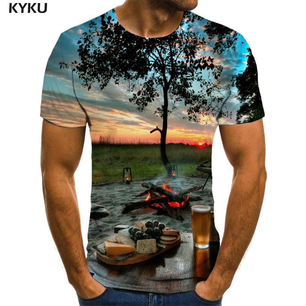 Landscape T shirt Men Tree Funny T shirts Sunset Glow T-shirts 3d Flame Anime Clothes