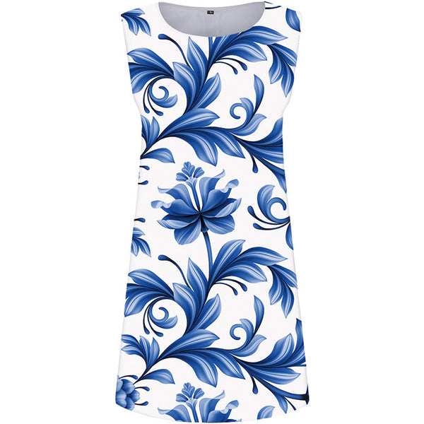 Flower Dress Women Leaf Party Vintage Sexy Blue Sundress Womens Clothing Elegant
