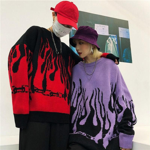 
Autumn Winter Harajuku Flame Knitting Batwing Sleeve Sweater Casual Long Women Tide Printed Sweater Loose Boyfriend Pullovers - KYKU
                