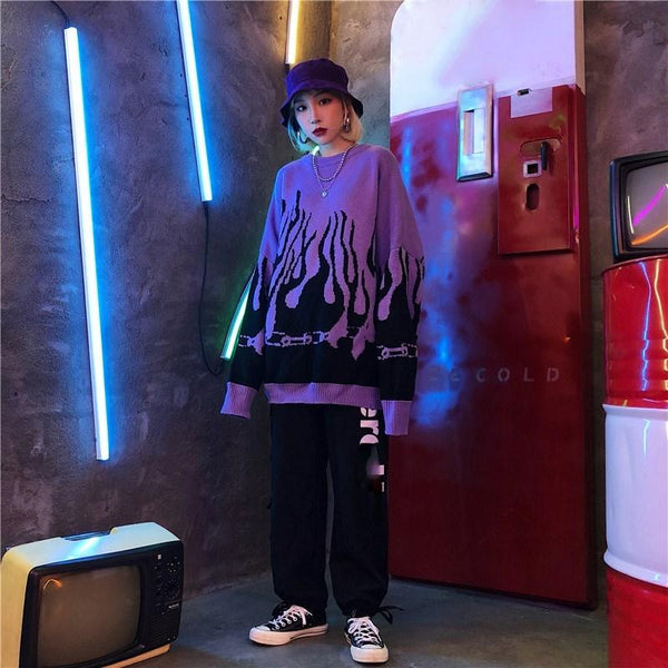 
Autumn Winter Harajuku Flame Knitting Batwing Sleeve Sweater Casual Long Women Tide Printed Sweater Loose Boyfriend Pullovers - KYKU
                