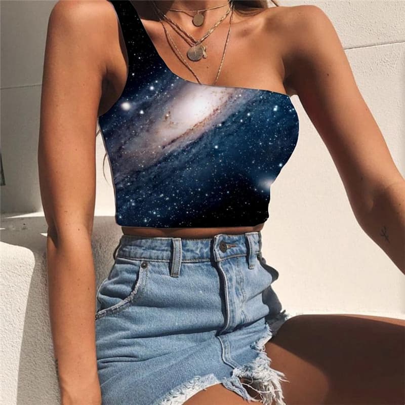 Galaxy Vest Tops Women Space One Shoulder Crop Universe Sleeveless Shirt Black Midriff T shirt