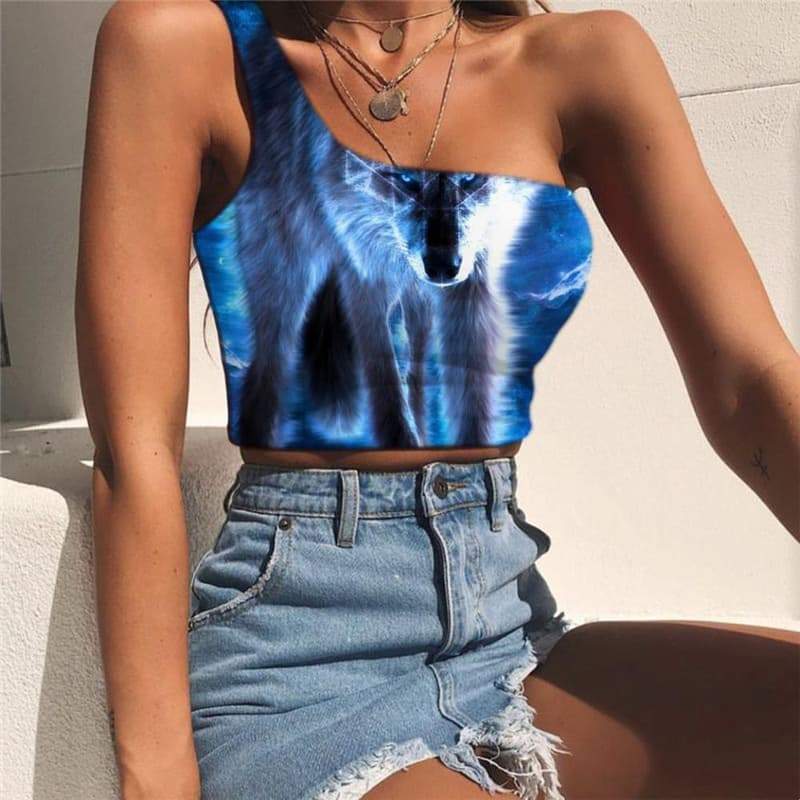 Wolf Vest Tops Women Animal One Shoulder Crop Anime Midriff T shirt Blue Tees Graphic Nebula Sleeveless Shirt - KYKU