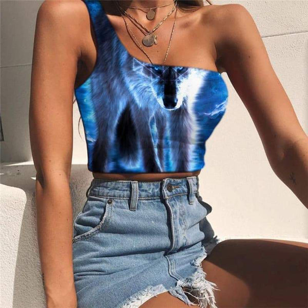 Wolf Vest Tops Women Animal One Shoulder Crop Anime Midriff T shirt Blue Tees Graphic Nebula Sleeveless Shirt - KYKU
