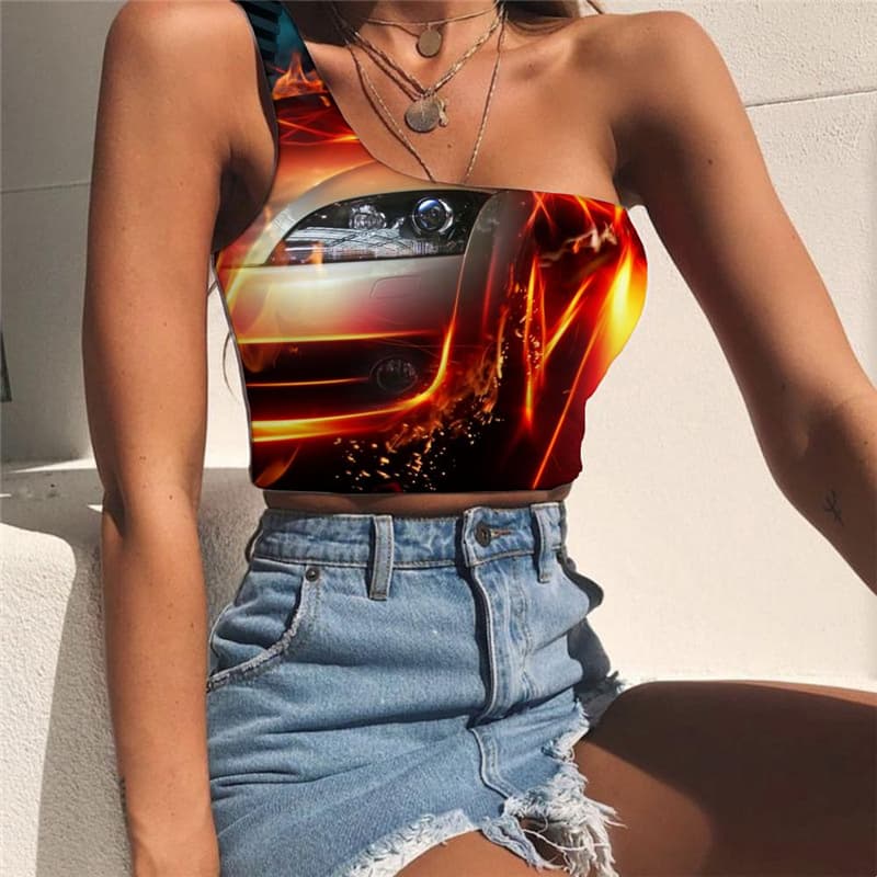Flame Tank Tops Women Car Midriff T shirt Punk Rock One Shoulder Crop