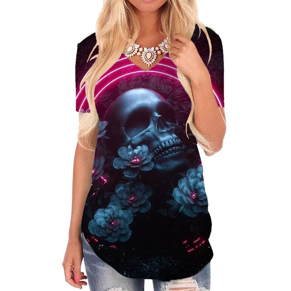 Skull T Shirt Women Flower V-neck Tshirt Hip Hop Shirt Print Womens Clothing
