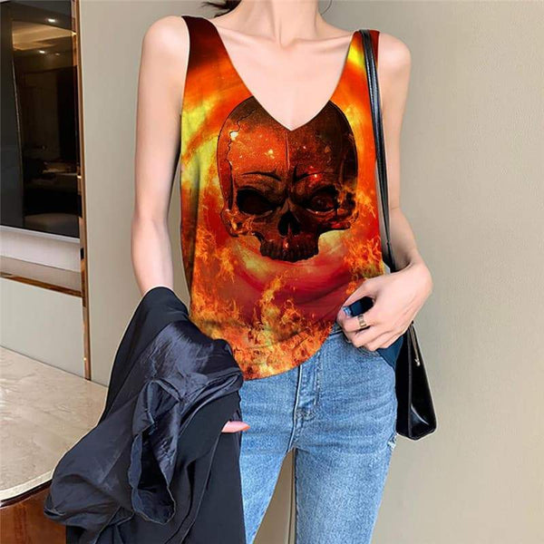 Skull Tank Top Women Punk Funny Top Flame Sleeveless 3d Red Anime Clothes - KYKU