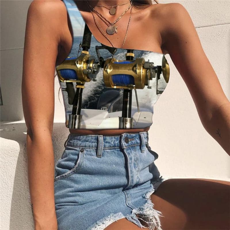 Fish Vest Tops Women Fisherman Midriff T shirt Fishinger One Shoulder Crop Tracksuits Sleeveless Shirt Metal Tees Graphic