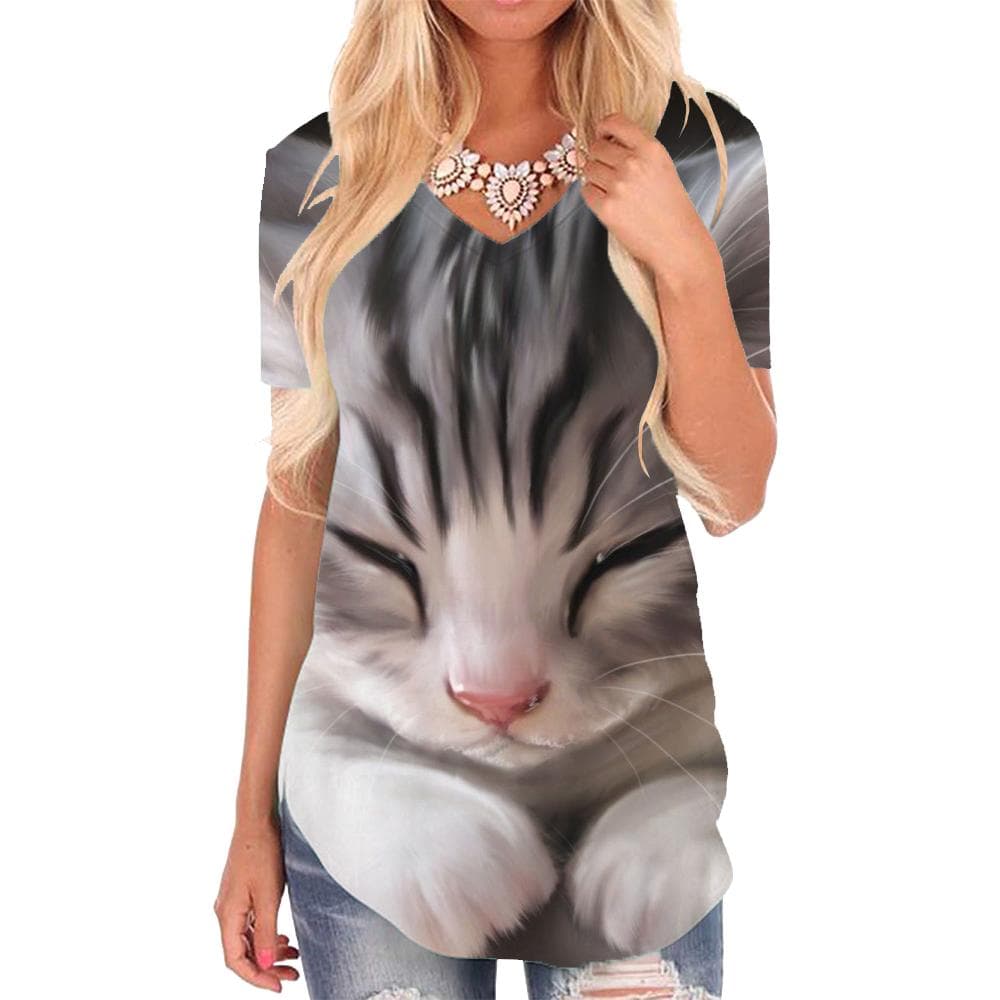Cat T Shirt Women Animal Funny T shirts Lovely Tshirts Printed Harajuku V-neck Tshirt