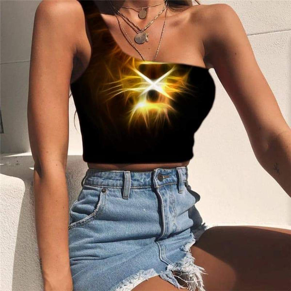 Lion Vest Tops Women Animal One Shoulder Crop Anime Tees Graphic Hilarious Midriff T shirt Harajuku Sleeveless Shirt - KYKU