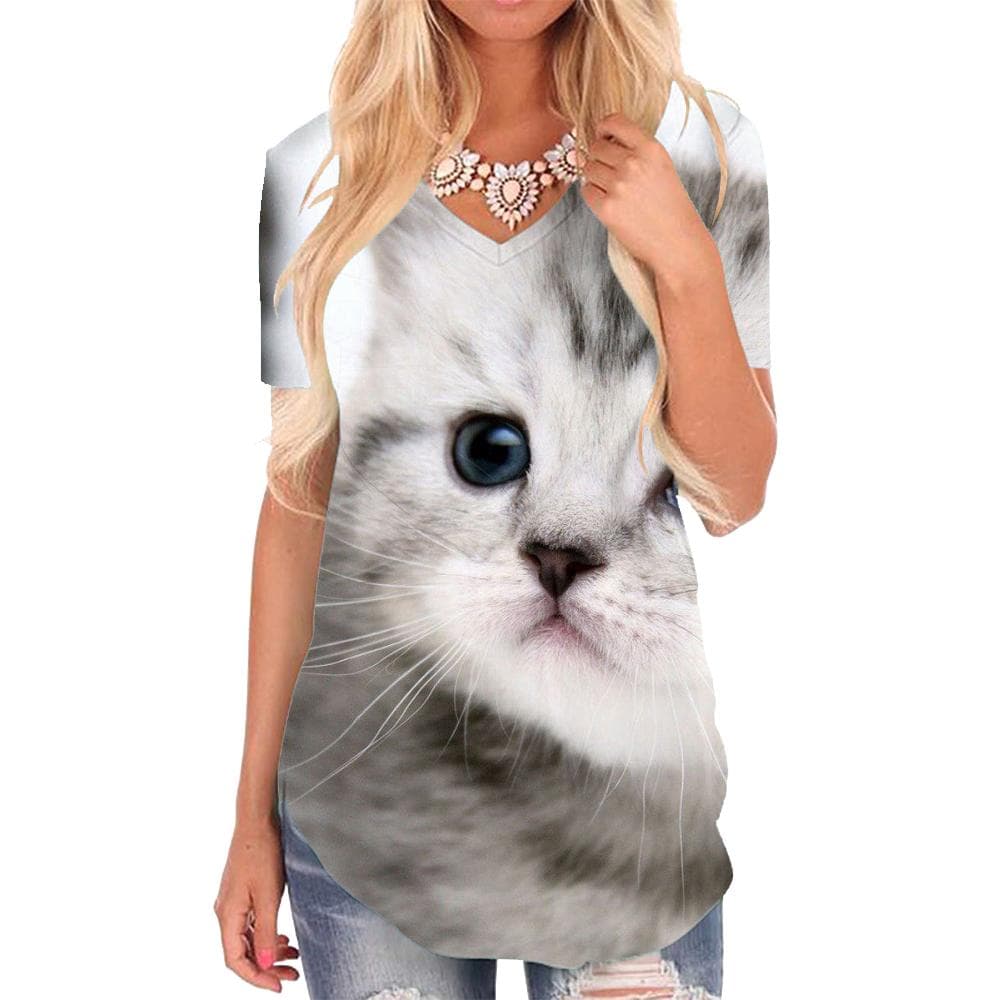 Animal T Shirt Women Cat V-neck Tshirt Lovely Tshirts Printed Harajuku Funny T shirts