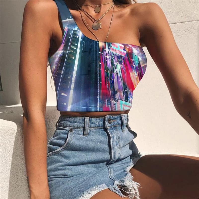 Fish Tank Tops Women Tropical Midriff T shirt Squid One Shoulder Crop Animal Tees Graphic Nebula Sleeveless Shirt