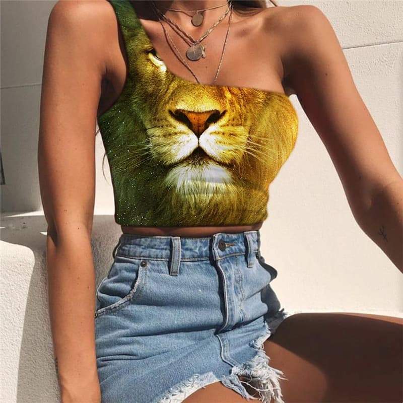 Lion Vest Tops Women Animal Midriff T shirt Anime Tees Graphic Nebula One Shoulder Crop Galaxy Sleeveless Shirt - KYKU