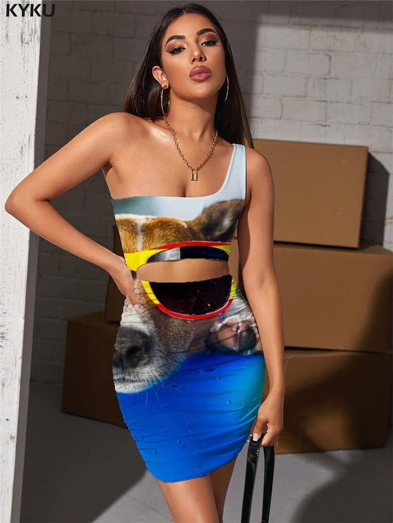 Dog Dress Women Animal Pleating Hip Hop Hollow out Dresses Harajuku Vestido Sexy