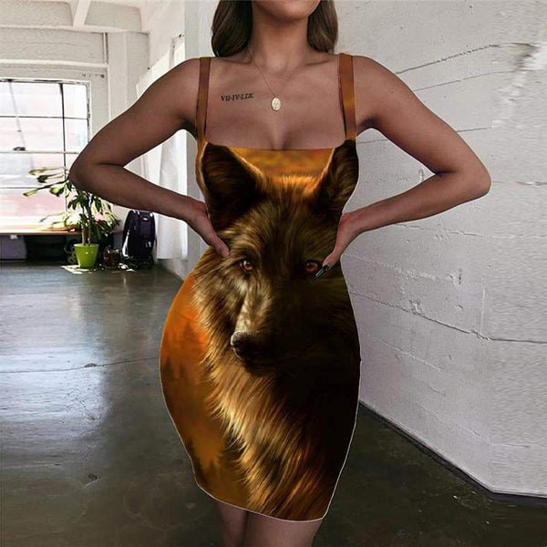 Wolf Dress Women Animal Sundress Anime Halter Sleeveless Cloud Bodycon Dress Sun Vestido Sexy - KYKU