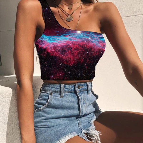 Galaxy Vest Tops Women Space Midriff T shirt Universe Sleeveless Shirt Nebula One Shoulder Crop Colorful Tees Graphic