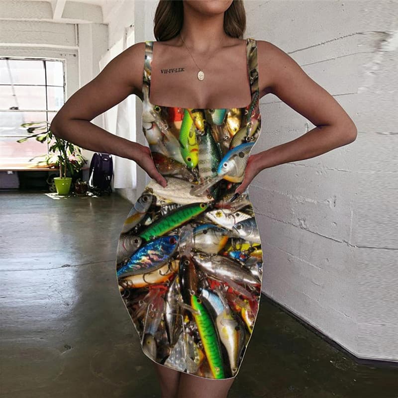 Fish Dresses Women Fisherman Vestido Sexy Animal Halter Sleeveless Tropical Ladies Dresses Fishinger Sundress